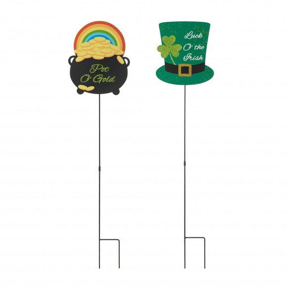 Glitzhome Set of 2 St. Patrick's Pot of Gold & Leprechaun Hat Metal Yard stake(KD, Two Function)