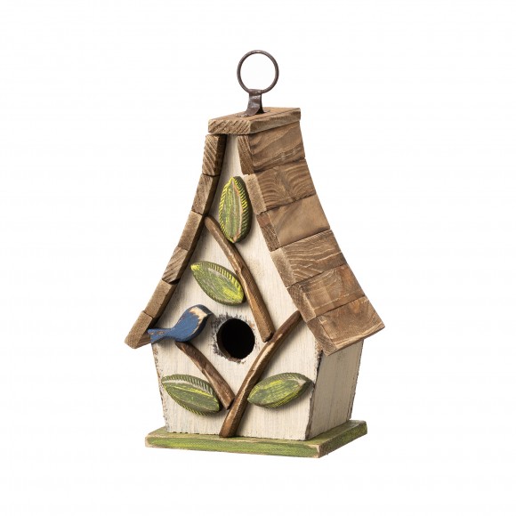 Glitzhome 9.5"H Washed White Distressed Solid Wood Decorative Outdoor Garden Birdhouse with Natural Wood Pallet Roof and 3D Tree