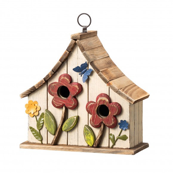 Glitzhome 10.5"H Washed White Distressed Solid Wood Two-Story Townhouse Garden Birdhouse with 3D Flowers