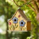 Glitzhome 10.5"H Washed Yellow Distressed Solid Wood Two-Story Townhouse Garden Birdhouse with 3D Flowers