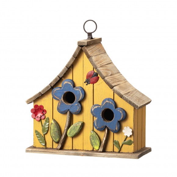 Glitzhome 10.5"H Washed Yellow Distressed Solid Wood Two-Story Townhouse Garden Birdhouse with 3D Flowers