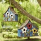 Glitzhome 15"L Oversized Washed Blue Distressed Solid Wood Three-Story Villa Decorative Outdoor Garden Birdhouse with 3D Flowers