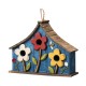 Glitzhome 15"L Oversized Washed Blue Distressed Solid Wood Three-Story Villa Decorative Outdoor Garden Birdhouse with 3D Flowers