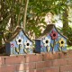 Glitzhome 15"L Oversized Washed Blue Distressed Solid Wood Three-Story Villa Decorative Outdoor Garden Birdhouse with 3D Flowers