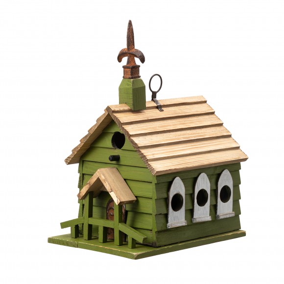 Glitzhome 11"H Oversized Washed Green Distressed Solid Wood Church Decorative Outdoor Garden Birdhouse(KD)