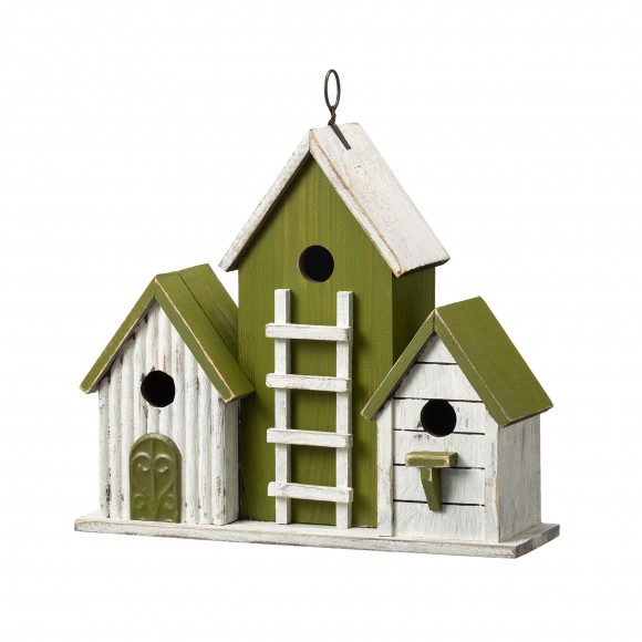 Glitzhome 14.75"L Oversized Washed Green Distressed Solid Wood 3-Room Villa Decorative Outdoor Garden Birdhouse with 3D Ladder