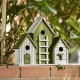 Glitzhome 14.75"L Oversized Washed Green Distressed Solid Wood 3-Room Villa Decorative Outdoor Garden Birdhouse with 3D Ladder