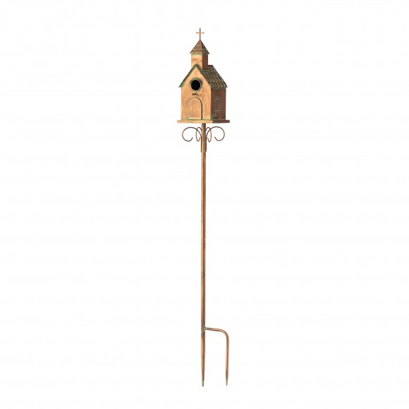 Glitzhome 53"H Farmhouse Faux Copper Distressed Metal Church Outdoor Decorative Garden Birdhouse with Stake (KD)