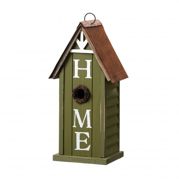 Glitzhome 14.75"H Washed Green Distressed Solid Wood "HOME" Inspiration Single Family Decorative Outdoor Garden Birdhouse