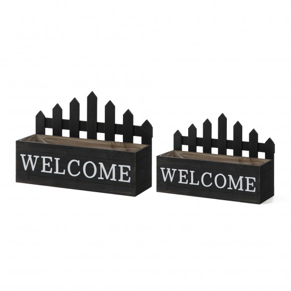 Glitzhome Set of 2 Washed Black Solid Wood WELCOME Fence-Inspired Planter Stands