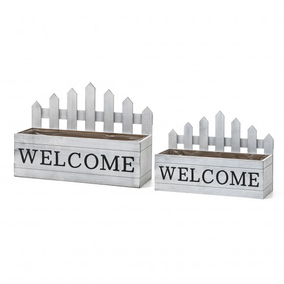 Glitzhome Set of 2 Washed White Solid Wood WELCOME Fence-Inspired Planter Stands
