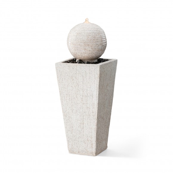 Glitzhome 32"H Mid-Century Modern Faux Terrazzo Geometric Pedestal and Sphere Polyresin Outdoor Floor Fountain with Black Pebbles, Pump and LED Light (KD)