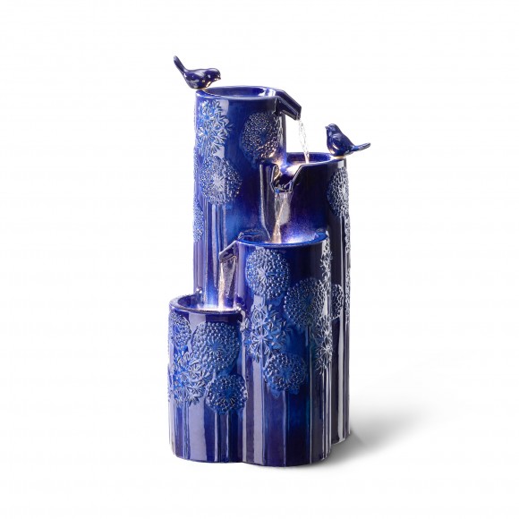 Glitzhome 31.75"H 4-Tier Cobalt Blue Dandelion Texture Vase-Shaped Ceramic Outdoor Floor Fountain with Birds, Pump, and LED Light (KD)