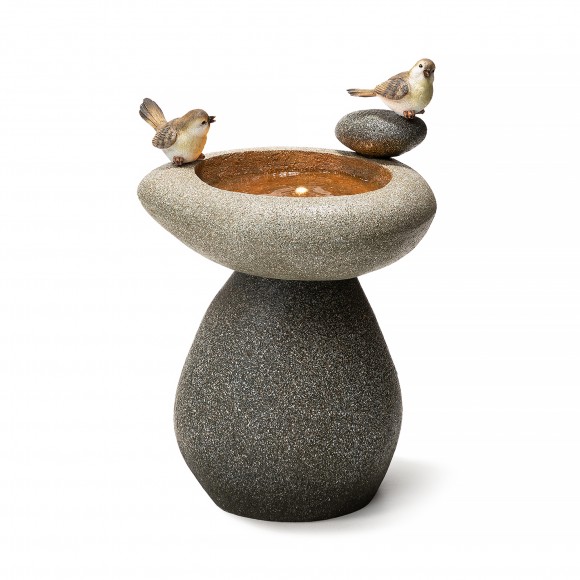 Glitzhome 20.75"H Zen-Style Faux Stone Texture Birdbath Polyresin Outdoor Fountain with Birds, Pump and LED Light (KD)