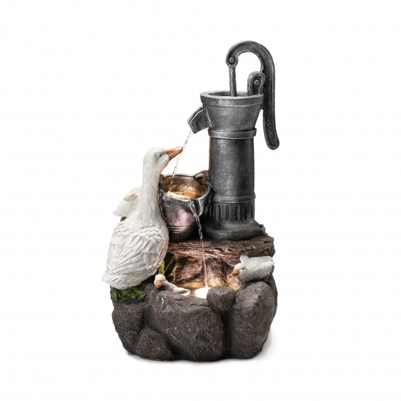 Glitzhome 23.50"H Cute Duck Family Playing Around the Water Pump Polyresin Outdoor Fountain with Pump and LED Light (KD)