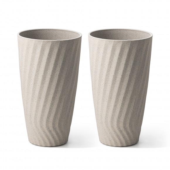 Glitzhome 24"H Oversized Set of 2 Sand Beige Eco-Friendly Resin and Stone Faux Terrazzo Wave Textured Ceramic Tall Planter