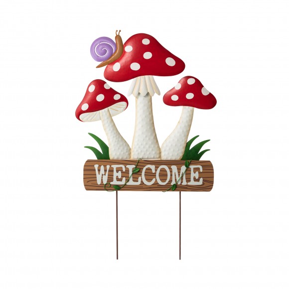 Glitzhome 32"H Multi-functional 2-in-1 Metal and Solid Wood Triple Mushrooms with Welcome Sign Garden Yardstake, Wall Decor (KD)