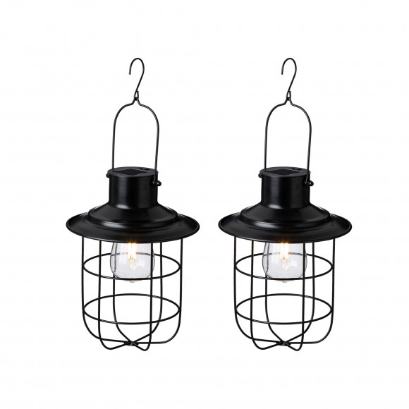 Glitzhome 9.75"H Set of 2 Industrial-Style Black Metal Wire Solar Powered Edison Bulb Outdoor Hanging Lantern