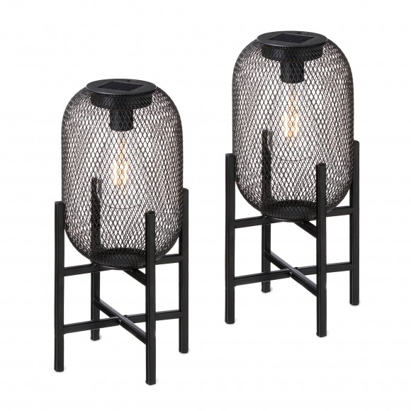 Glitzhome 14.25"H Set of 2 Slim-shaped Black Metal Mesh Solar Powered Edison Bulb Outdoor Lantern with Stand