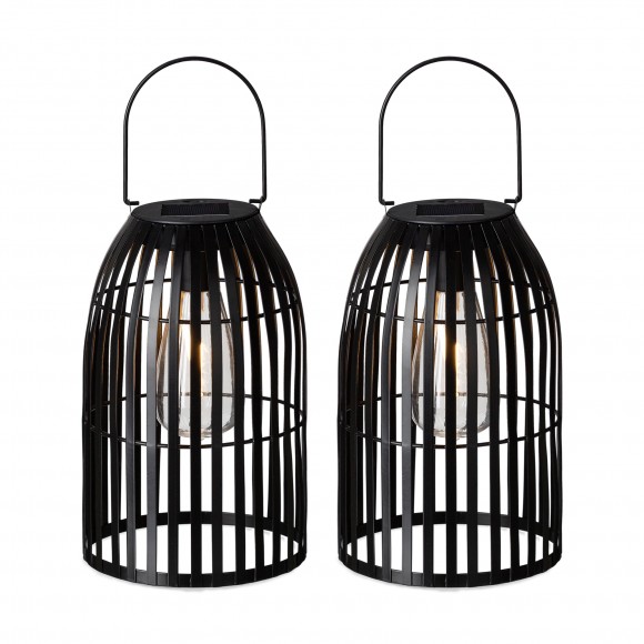 Glitzhome 9.75"H Set of 2  Black Metal Stripes Solar Powered Edison Bulb Outdoor Hanging Lantern