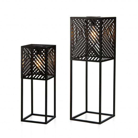 Glitzhome 23.75"H / 17.75"H Set of 2 Black Metal Stripes Geometric Solar Powered Edison Bulb Outdoor Floor Lantern or planter stands