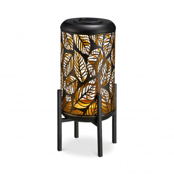 Glitzhome 14.25"H Black and Gold Metal Cutout Leaves Pattern Solar Powered LED Outdoor Lantern with Stand