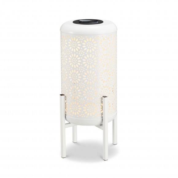 Glitzhome 14.25"H White Metal Cutout Flower Pattern Solar Powered LED Outdoor Lantern with Stand