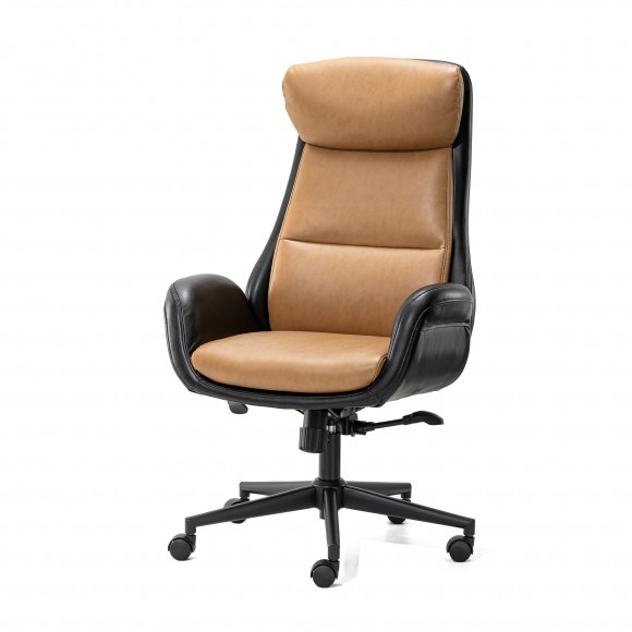 Glitzhome Mid-Century Modern Two-tone color Leatherette Gaslift Adjustable Swivel High Back Office Chair-Black & Camel