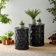 Glitzhome Set of 2 Multi-Functional Embossed Honeycomb Texture Cylindrical Glossy Black Metal Garden Stool or Planter Stand or Accent Table or Side Table