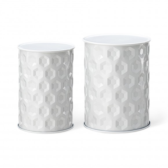 Glitzhome Set of 2 Multi-Functional Embossed Honeycomb Texture Cylindrical Glossy White Metal Garden Stool or Planter Stand or Accent Table or Side Table