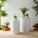 Glitzhome Set of 2 Multi-Functional Embossed Honeycomb Texture Cylindrical Glossy White Metal Garden Stool or Planter Stand or Accent Table or Side Table