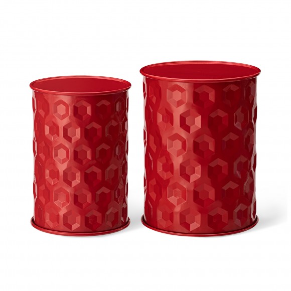 Glitzhome Set of 2 Multi-Functional Embossed Honeycomb Texture Cylindrical Glossy Red Metal Garden Stool or Planter Stand or Accent Table or Side Table