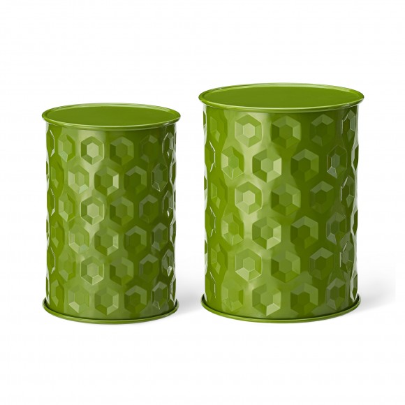 Glitzhome Set of 2 Multi-Functional Embossed Honeycomb Texture Cylindrical Glossy Green Metal Garden Stool or Planter Stand or Accent Table or Side Table