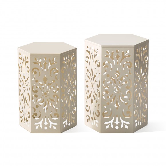 Glitzhome Multi-Functional Set of 2 White Iron Cutout Floral Pattern Hexagonal Garden Stools or Planter Stand or Accent Table or Side Table