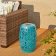 Glitzhome 18.25"H Multi-Functional Blue Iron Cutout Leaf Pattern Drum Silhouette Solar Powdered Garden Stool or Planter Stand or Accent Table or Lantern