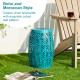 Glitzhome 18.25"H Multi-Functional Blue Iron Cutout Leaf Pattern Drum Silhouette Solar Powdered Garden Stool or Planter Stand or Accent Table or Lantern