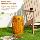 Glitzhome 18.25"H Multi-Functional Orange Iron Cutout Leaf Pattern Drum Silhouette Solar Powdered Garden Stools or Planter Stand or Accent Table or Side Table