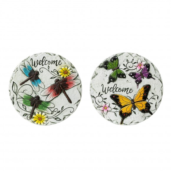 Glitzhome 9.75"D Set of 2 Cement Stepping Stones with Fluttering Butterflies and Dragonflies Pattern