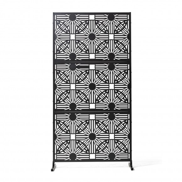 Glitzhome 6ft Black Galvanized Steel Floral Pattern Privacy Screen Fence Panel Room Divider with Riser Feet