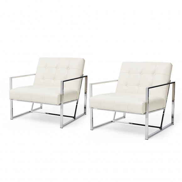 Glitzhome Set of 2 Modern Cream White Leatherette Button-tufted Accent Arm Chair with Chrome Plated Frame