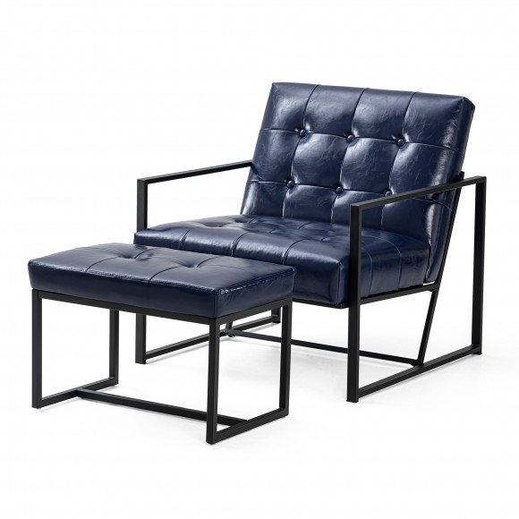 Glitzhome Set of 2 Modern Navy Blue Thick Leatherette Accent Chair & Accent Stool