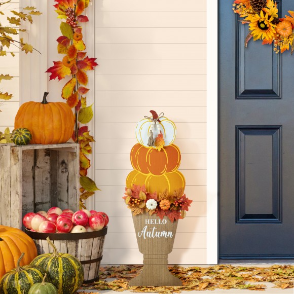 [OFFICIAL] Glitzhome 36"H Fall Wooden Stacked Pumpkin with Urn Porch Decor