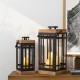 Glitzhome Set of 2 Modern Square Metal/Wood Black Lanterns