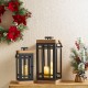 Glitzhome Set of 2 Modern Square Metal/Wood Black Lanterns