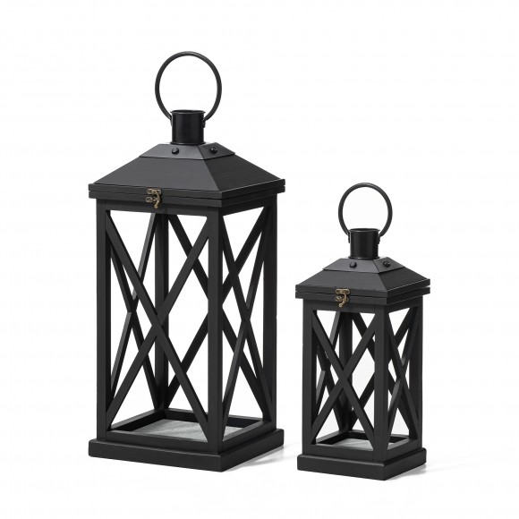 Glitzhome Set of 2 Farmhouse Wood/Metal Black Lanterns