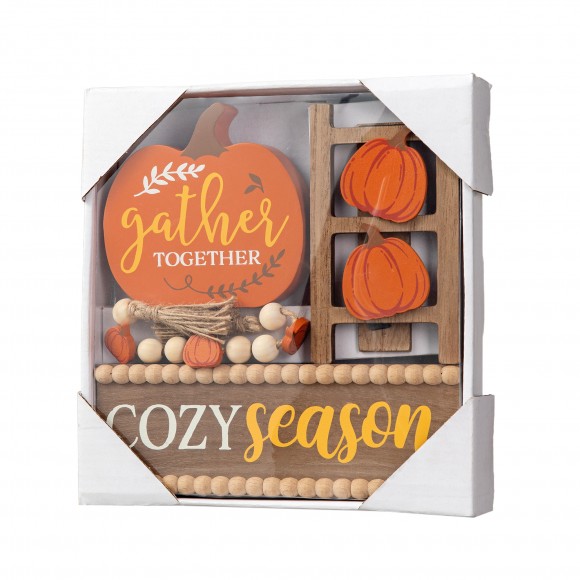 Glitzhome 10.75"L Set of 4 Fall Wooden  Word Signs Tiered Tray Table Décor