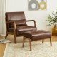 Glitzhome Mid-century Modern Coffee Leatherette Accent Stool with Walnut Rubberwood Legs