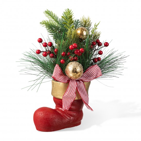 Glitzhome 14"H Christmas Red Boot with Pine Needle & Berry Centerpiece