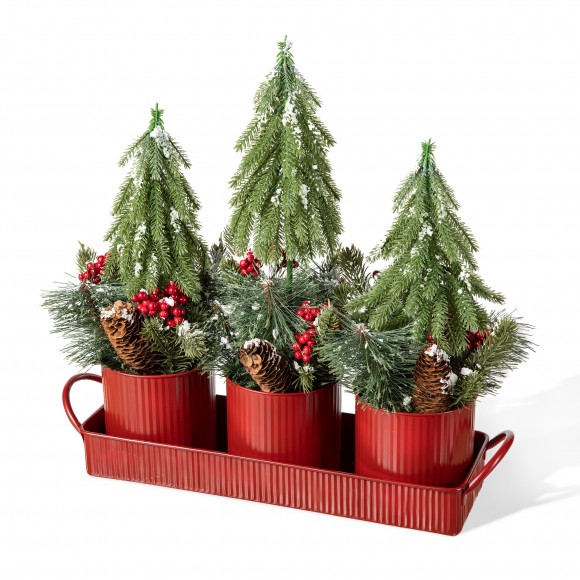 Glitzhome 21"L Christmas Metal Potted Triple Trees Centerpiece or Table Tree