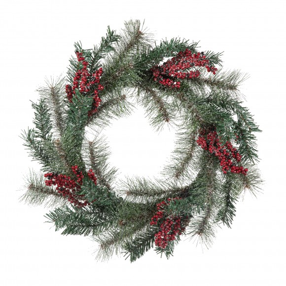 Glitzhome 24"D Christmas Flocked Pine Needle & Berry Wreath